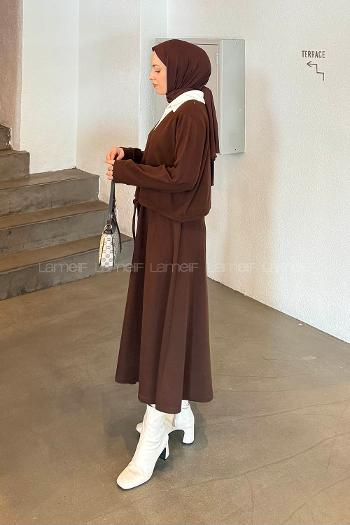 Lamelif Beyaz Yaka Triko Takım Acı Kahve