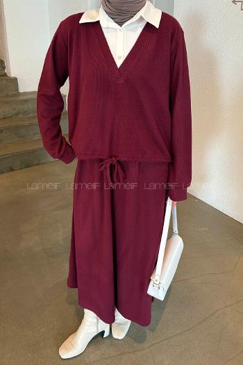 Lamelif Beyaz Yaka Triko Takım Bordo