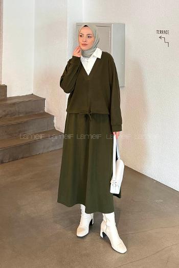 Lamelif Beyaz Yaka Triko Takım Haki