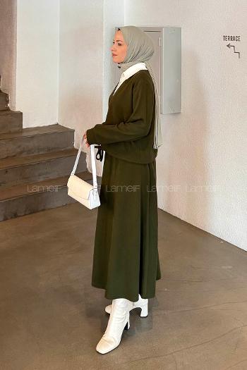 Lamelif Beyaz Yaka Triko Takım Haki