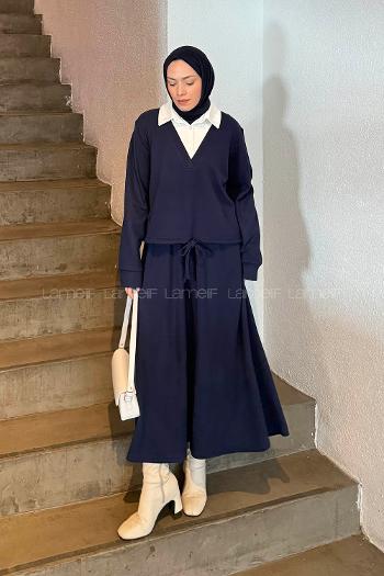 Lamelif Beyaz Yaka Triko Takım Lacivert