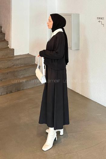 Black Shirt Collar Long Arm Cotton Knitwear Lycra Flared Skirt Suit