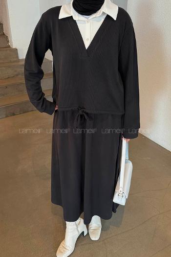 Black Shirt Collar Long Arm Cotton Knitwear Lycra Flared Skirt Suit