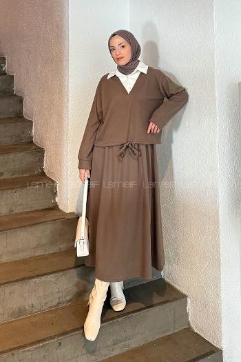 Lamelif Beyaz Yaka Triko Takım Vizonrengi