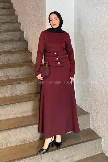 Lamelif Kuşaklı Scuba Elbise Bordo