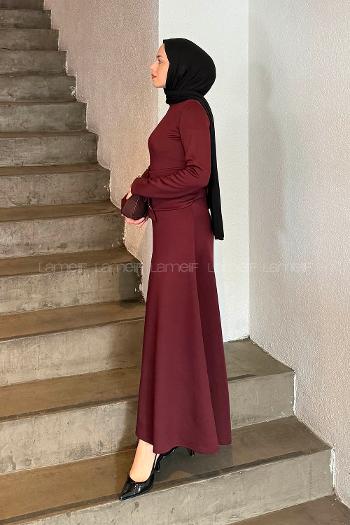 Lamelif Kuşaklı Scuba Elbise Bordo