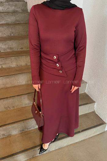 Lamelif Kuşaklı Scuba Elbise Bordo