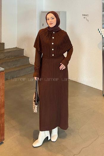 Lamelif Pelerinli Fitilli Elbise Acı Kahve