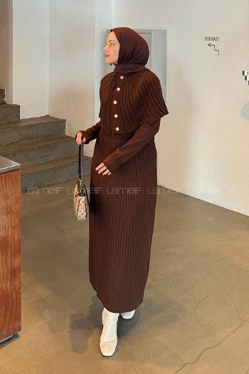 Lamelif Pelerinli Fitilli Elbise Acı Kahve