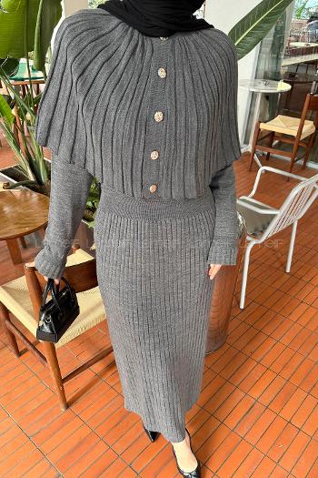 Lamelif Pelerinli Fitilli Elbise Antrasit