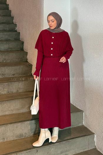 Lamelif Pelerinli Fitilli Elbise Bordo