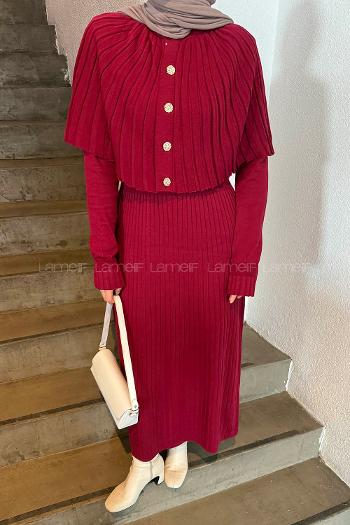 Lamelif Pelerinli Fitilli Elbise Bordo