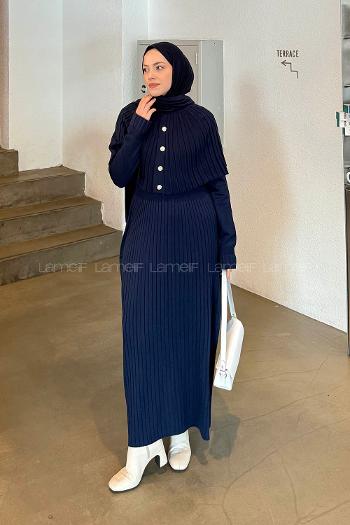 Lamelif Pelerinli Fitilli Elbise Lacivert
