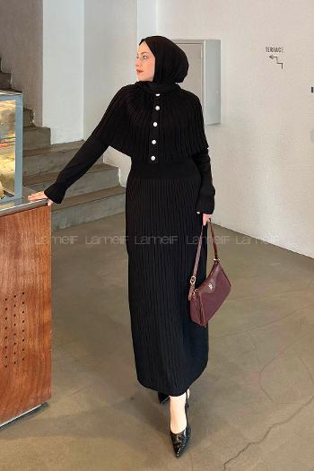 Lamelif Pelerinli Fitilli Elbise Siyah