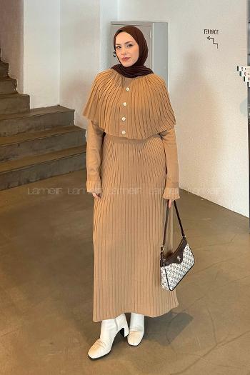 Lamelif Pelerinli Fitilli Elbise Sütlü Kahve