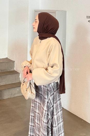 Lamelif Fermuarlı Kaşe Ceket Taş Rengi