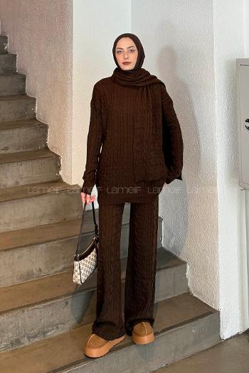 Lamelif Örgü Desen Triko Takım Acı Kahve