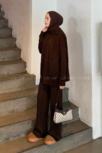 Lamelif Örgü Desen Triko Takım Acı Kahve
