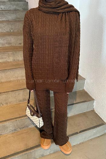 Lamelif Örgü Desen Triko Takım Acı Kahve