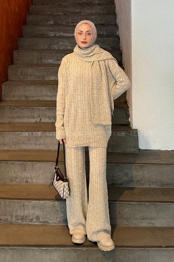 Beige Turtle Neck Long Arm Knitwear Regular Trousers Comfortable Suit