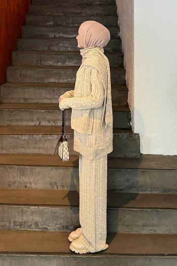 Beige Turtle Neck Long Arm Knitwear Regular Trousers Comfortable Suit
