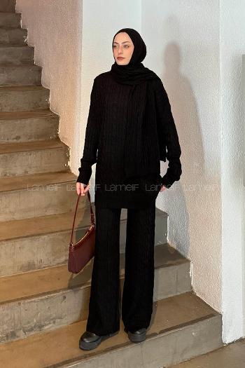 Lamelif Örgü Desen Triko Takım Siyah