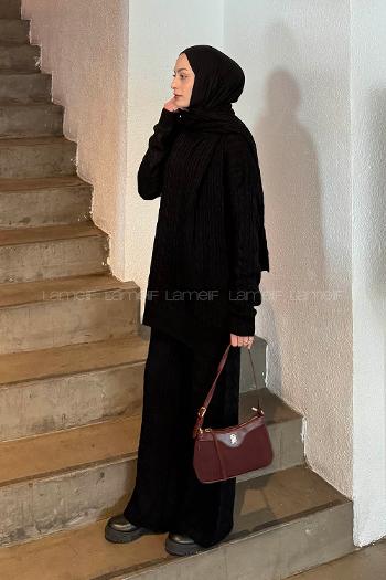 Lamelif Örgü Desen Triko Takım Siyah