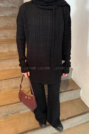 Lamelif Örgü Desen Triko Takım Siyah