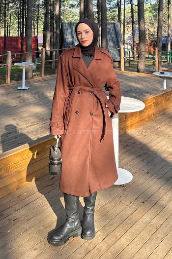 Lamelif Bağlama Detaylı Kaşe Kaban Acı Kahve