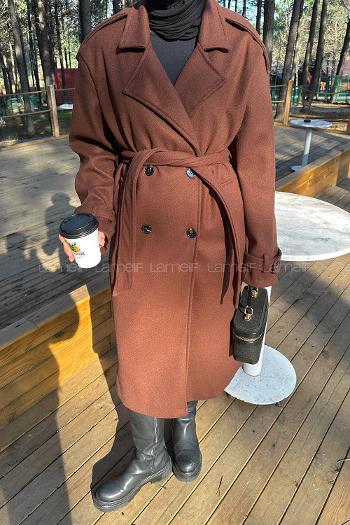 Lamelif Bağlama Detaylı Kaşe Kaban Acı Kahve