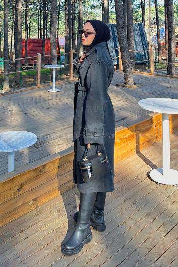 Lamelif Bağlama Detaylı Kaşe Kaban Antrasit