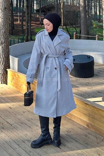 Lamelif Bağlama Detaylı Kaşe Kaban Gri