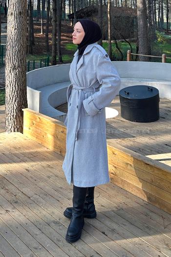 Lamelif Bağlama Detaylı Kaşe Kaban Gri