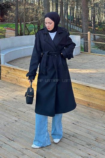 Lamelif Bağlama Detaylı Kaşe Kaban Siyah