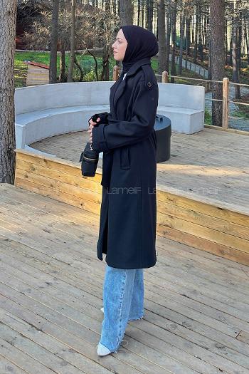 Lamelif Bağlama Detaylı Kaşe Kaban Siyah