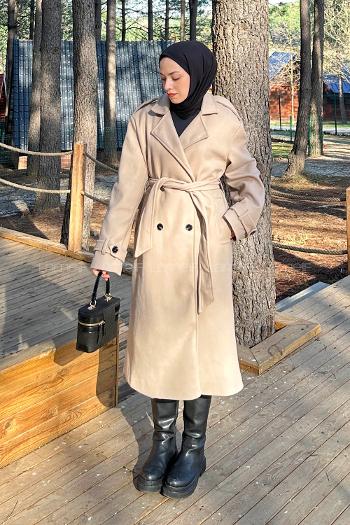 Lamelif Bağlama Detaylı Kaşe Kaban Taş Rengi