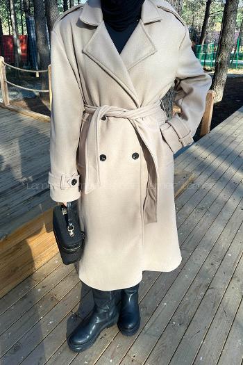 Lamelif Bağlama Detaylı Kaşe Kaban Taş Rengi