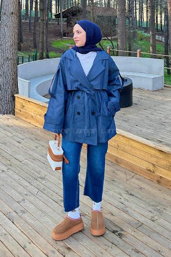 Lamelif Bağlama Detaylı Trençkot Kot Mavisi