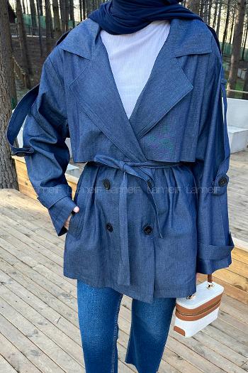 Lamelif Bağlama Detaylı Trençkot Kot Mavisi