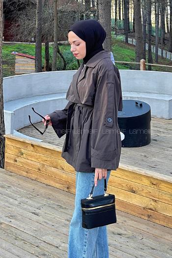 Lamelif Bağlama Detaylı Trençkot Koyu Kahverengi