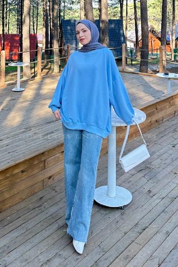 Lamelif Balon Kol Yaka Ve Etek Ucu Manşetli Bol Sweat Bebe Mavisi