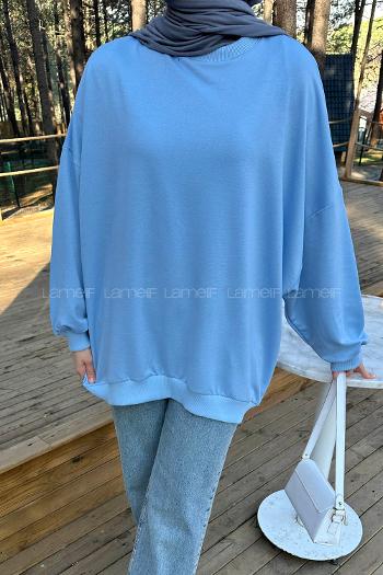 Lamelif Balon Kol Yaka Ve Etek Ucu Manşetli Bol Sweat Bebe Mavisi