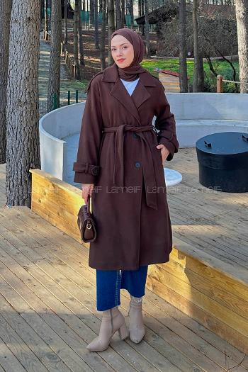 Lamelif Düğmeli Kaşe Kaban Acı Kahve