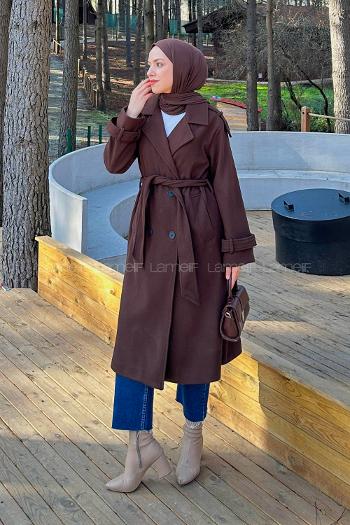 Lamelif Düğmeli Kaşe Kaban Acı Kahve