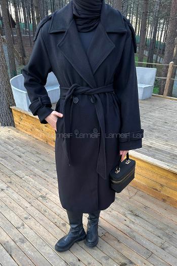 Lamelif Düğmeli Kaşe Kaban Siyah