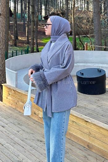 Lamelif Kol Kürk Detaylı Kaban Gri