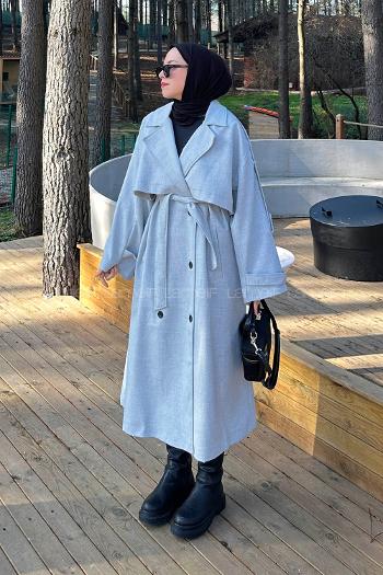 Lamelif Kuşaklı Poliviskon Trenç Gri