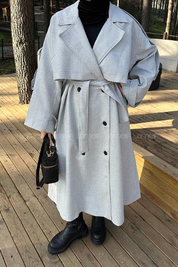 Lamelif Kuşaklı Poliviskon Trenç Gri