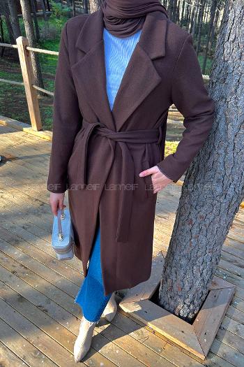 Modalamelif Kuşak Bağlama Detaylı Kaşe Kaban Acı Kahve