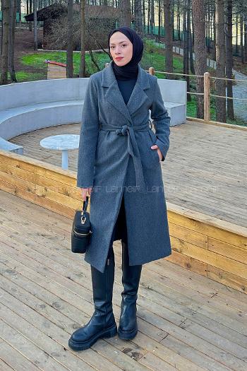 Modalamelif Kuşak Bağlama Detaylı Kaşe Kaban Antrasit